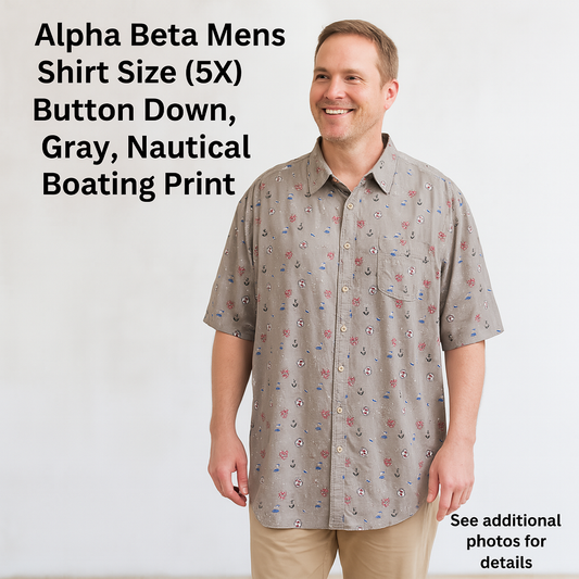 Alpha Beta Men’s Button-Down Shirt – Size 5X, Gray Nautical Boating Print, Short Sleeve #M1388
