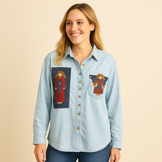 Bonjour Women’s Denim Patchwork Shirt with Angel Appliqué – Size M