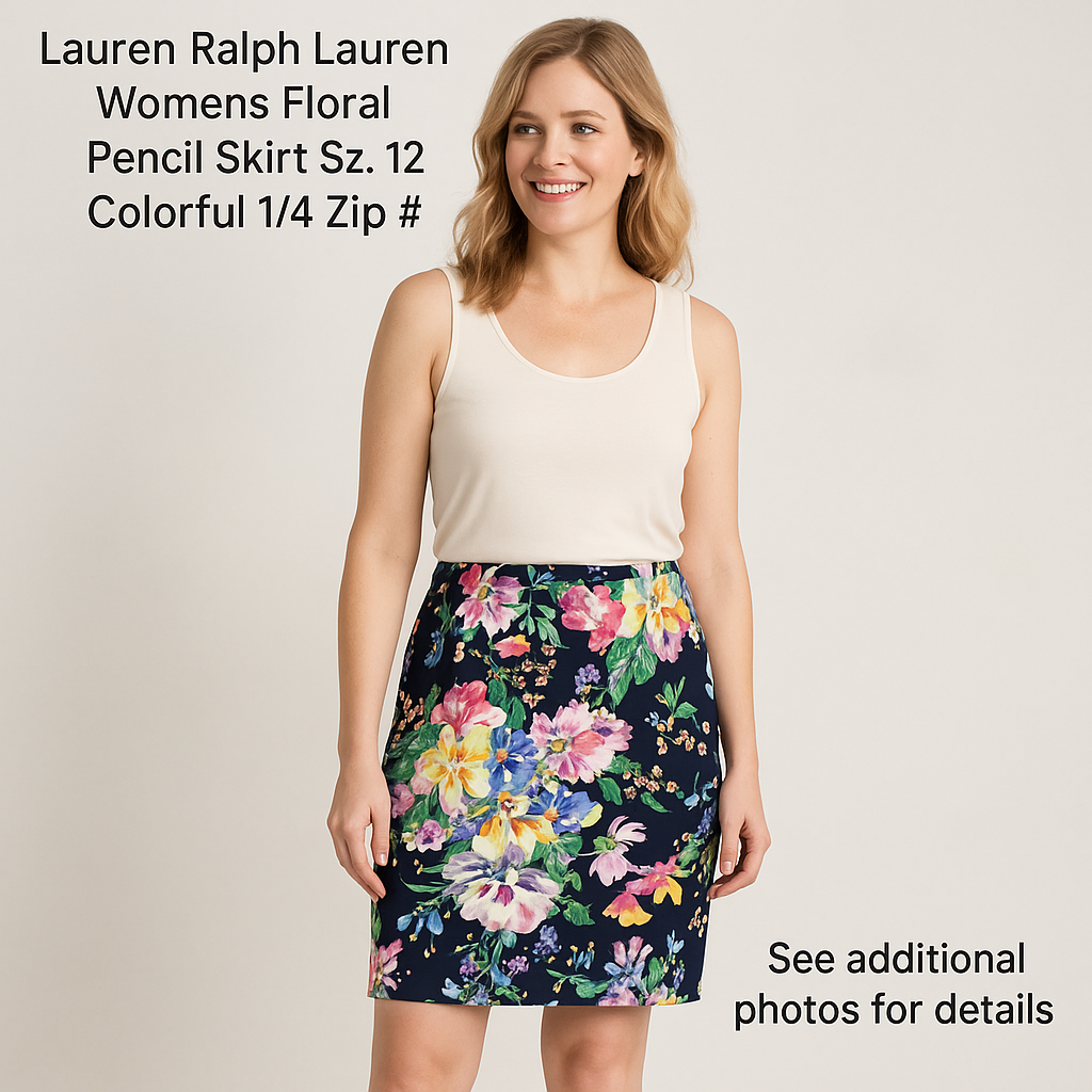 “Lauren Ralph Lauren women’s floral pencil skirt, size 12, colorful floral print, quarter-zip accent, flat-lay with measurements shown”