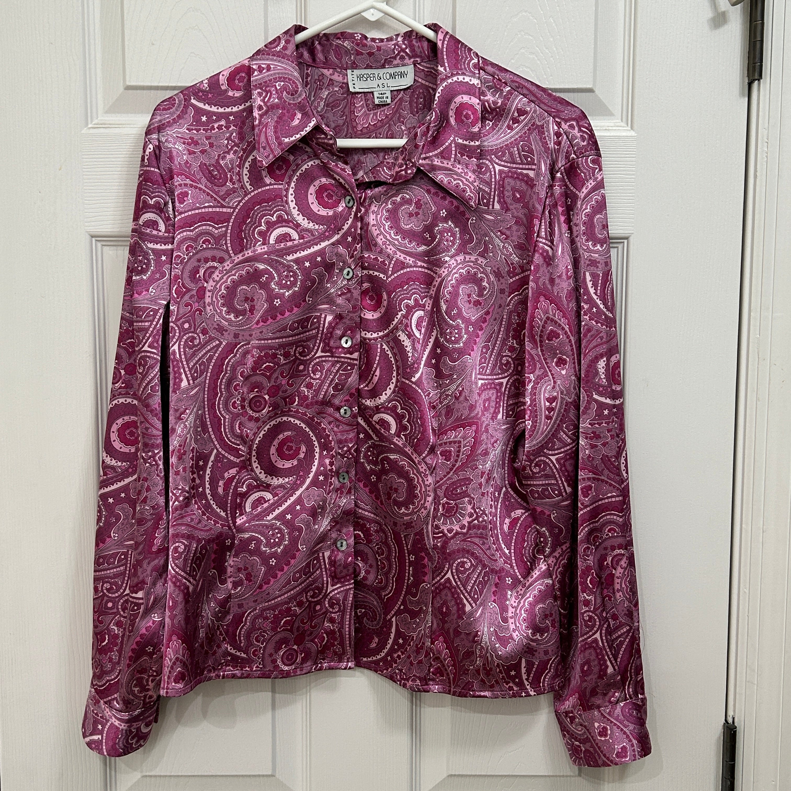 Kasper & Company Women’s Paisley Purple Long Sleeve Blouse Size 14P