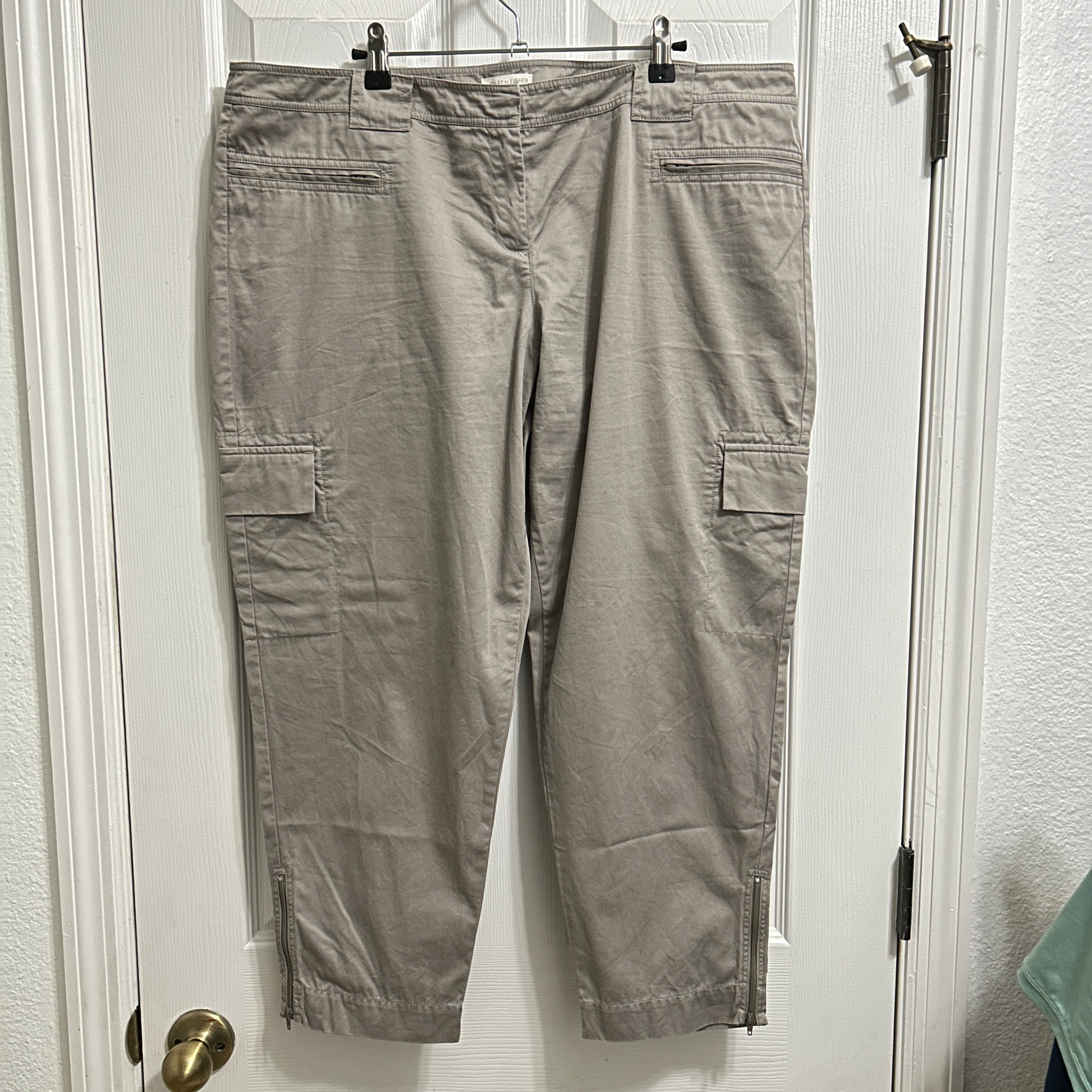 Eileen Fisher Khaki Cargo Pants XL Wide Leg 100% Cotton Ankle Zip Casual