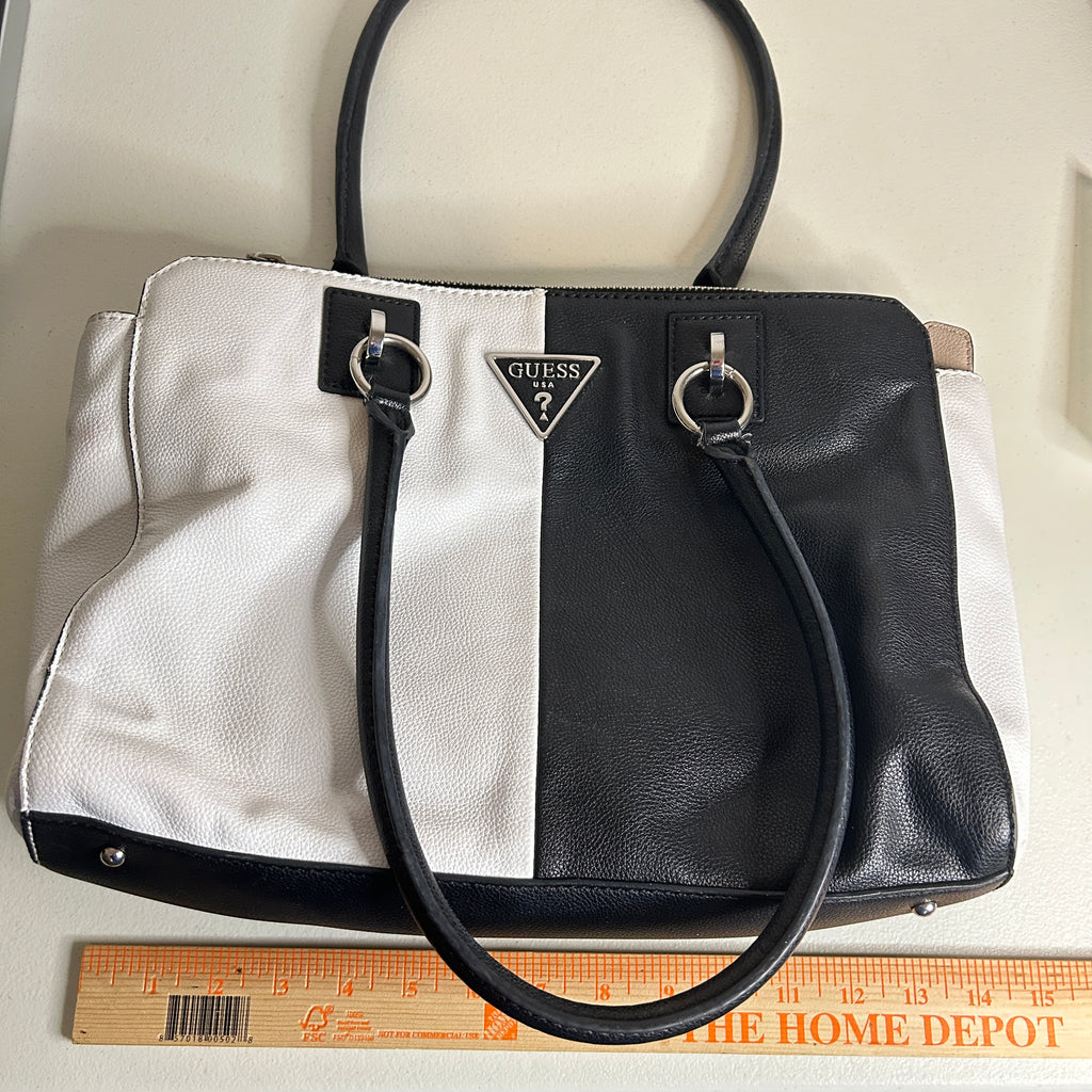 Guess Black White Tote Purse Faux Leather Shoulder Bag 15x11 Two-Tone