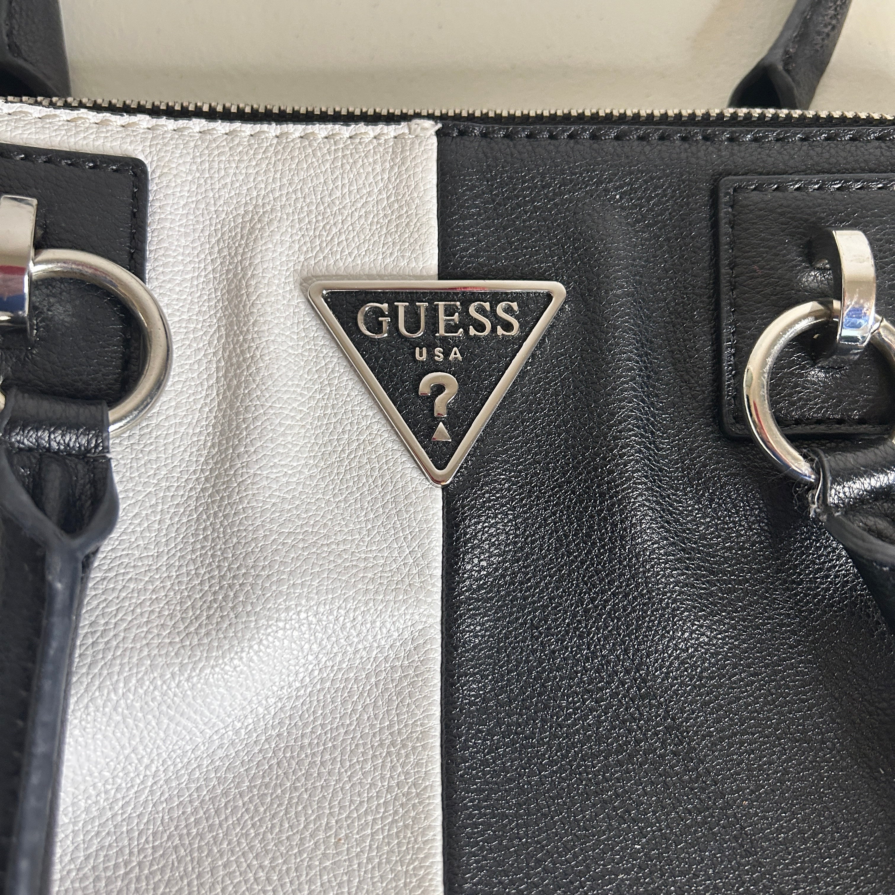Guess Black White Tote Purse Faux Leather Shoulder Bag 15x11 Two-Tone