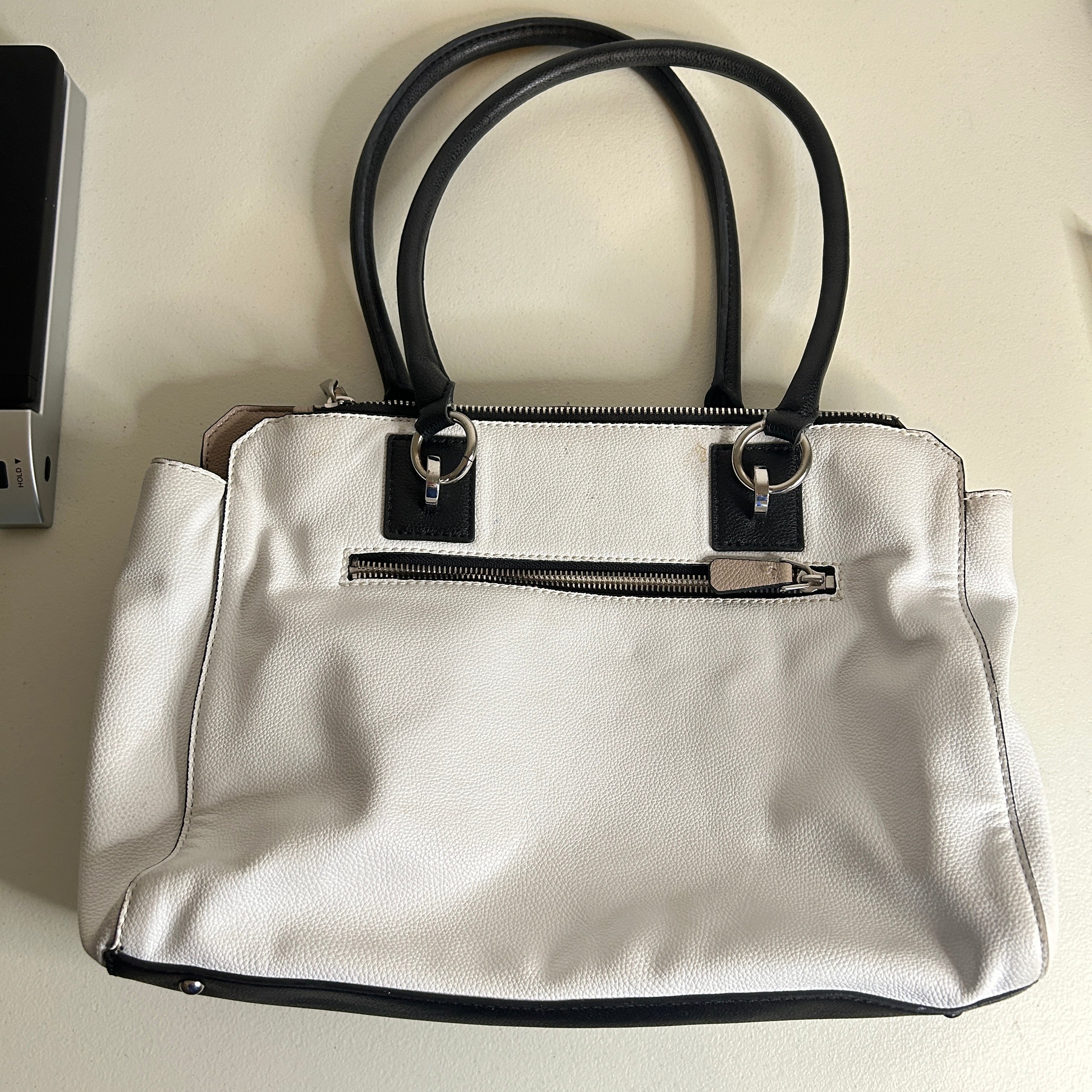 Guess Black White Tote Purse Faux Leather Shoulder Bag 15x11 Two-Tone