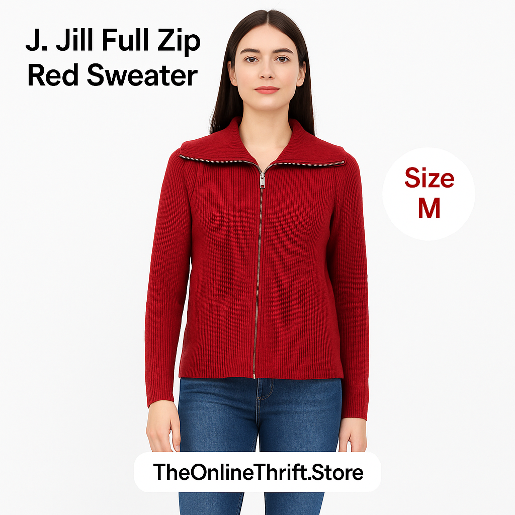 J.Jill Garnet Red Ribbed Knit Stretch Full Zip Sweater Jacket Sz. M,