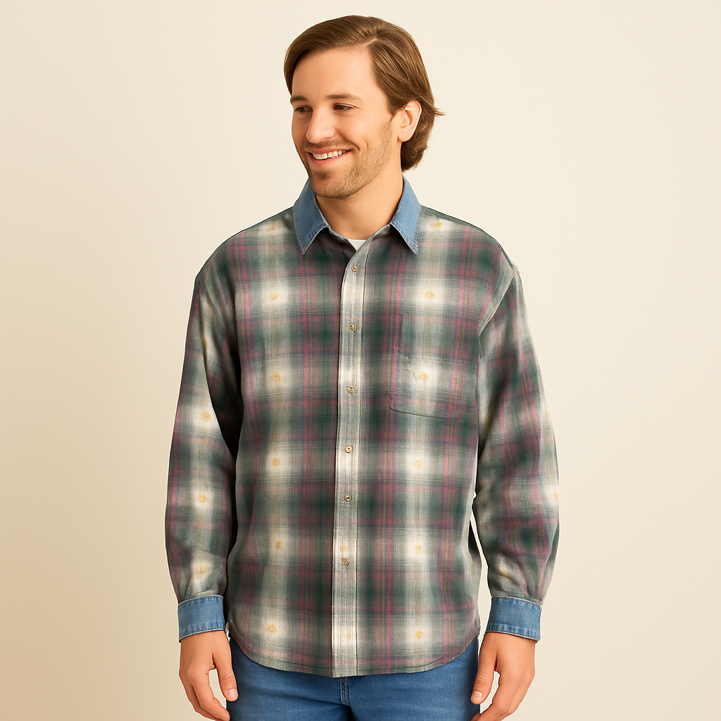 Nuovo County Seat Plaid Button Down Shirt Men’s Size L – Denim Collar