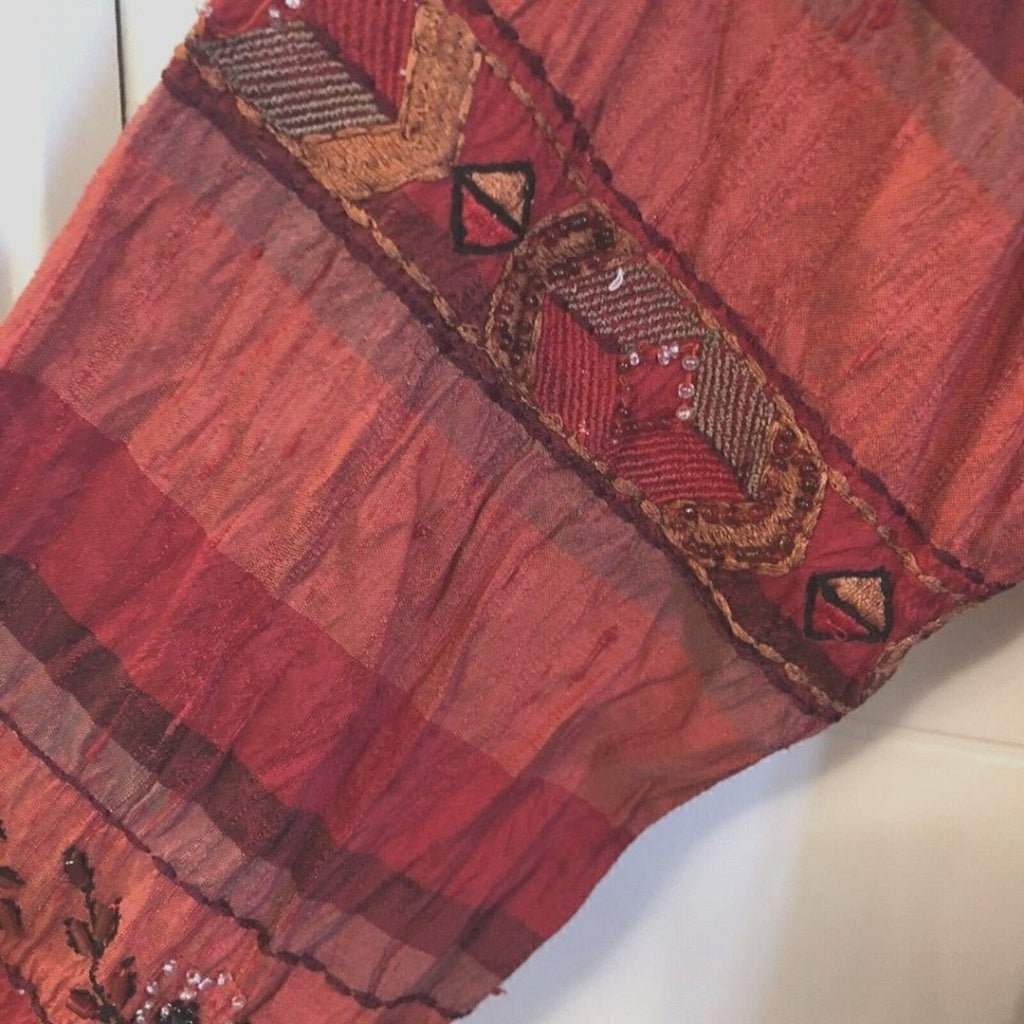 CHICO'S DESIGN Women's 100% SILK Size (L) - EMBROIDERED BEADED STRIPED TOP