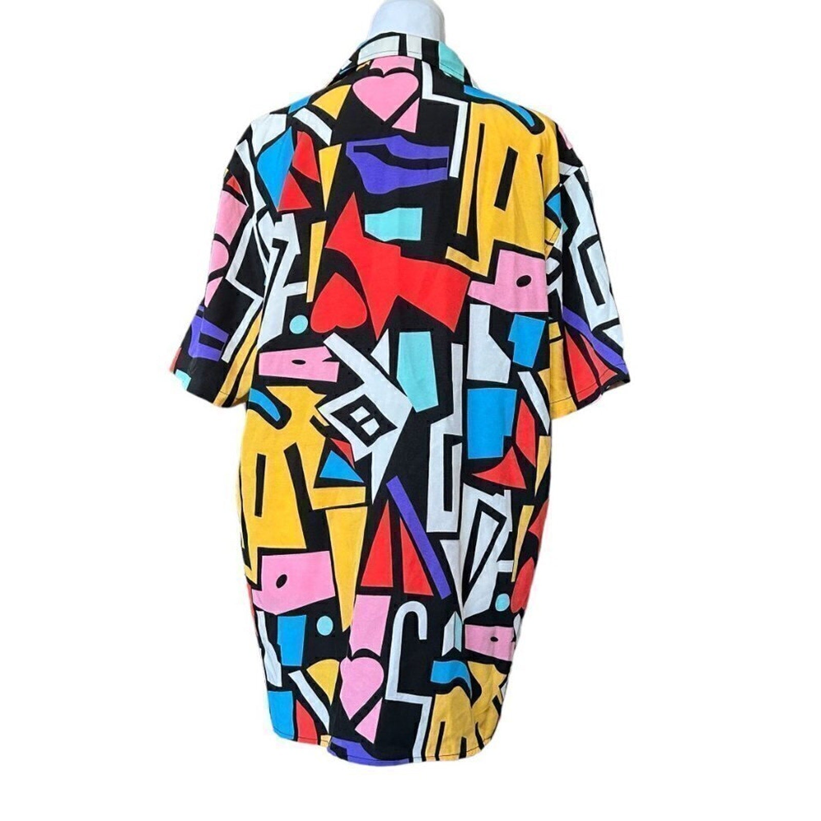 Shein Women's Casual Blouse Size L Colorful Geometric Print Short Sleeve #F1224