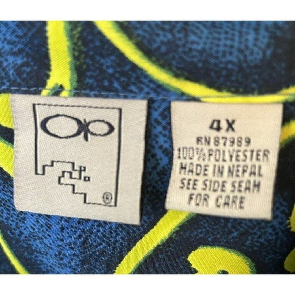 OP, Ocean Pacific Blue / Neon Green Floral Hawaiian S/S Shirt Size 4X , #1171