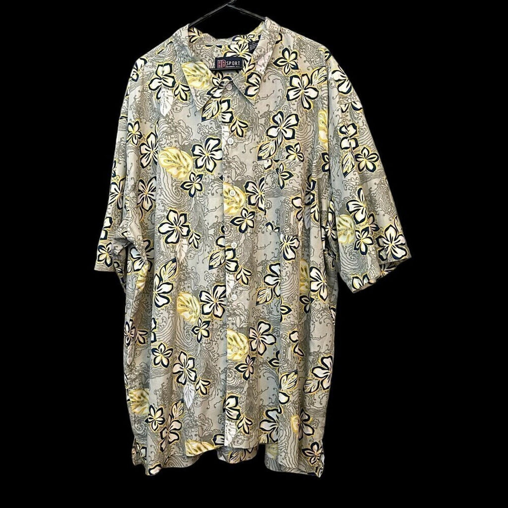 HB Harbor Bay Men's Hawaiian  Floral Print 4X 100% Cotton Gray Yellow #1168