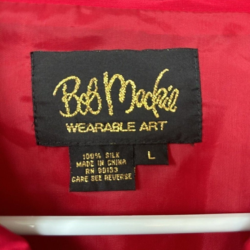 Bob Mackie Wearable Art 100% SILK Sz.L Red  Zipped Long Jacket Embroridered #HB