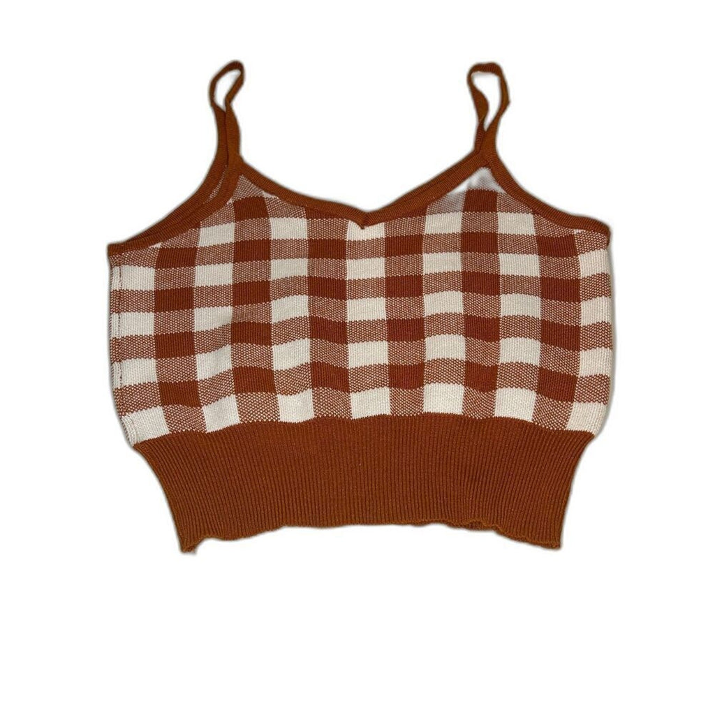 Brown Checkered Stretchy Crop Top M – Spaghetti Strap #M1367