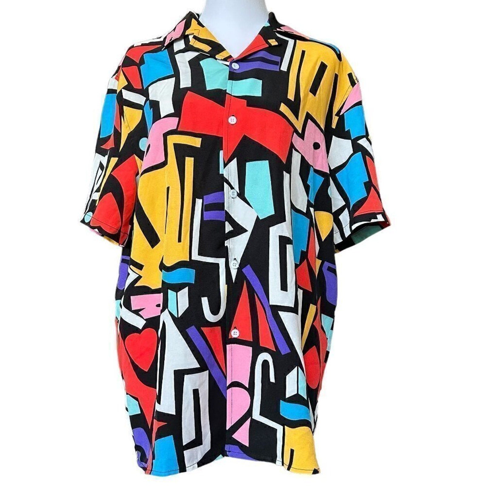 Shein Women's Casual Blouse Size L Colorful Geometric Print Short Sleeve #F1224