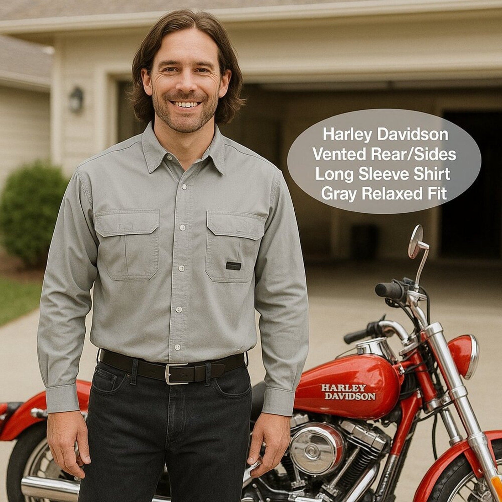 Harley Davidson Vented Rear/Sides Long Sleeve Shirt Gray Relaxed Fit XL #A1197