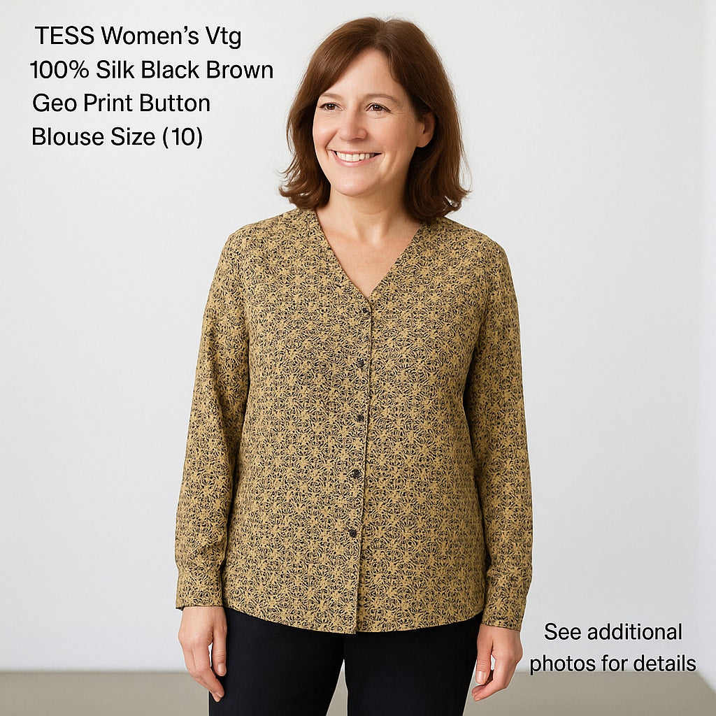 TESS Women's Vtg 100% Silk Black Brown Geo Print Button Blouse Size ( 10 )