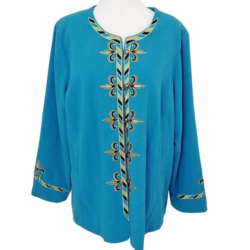 Bob Mackie Wearable Art Womens Sz XL Turquoise Blue Fleur De Lis Embroidery  #SH