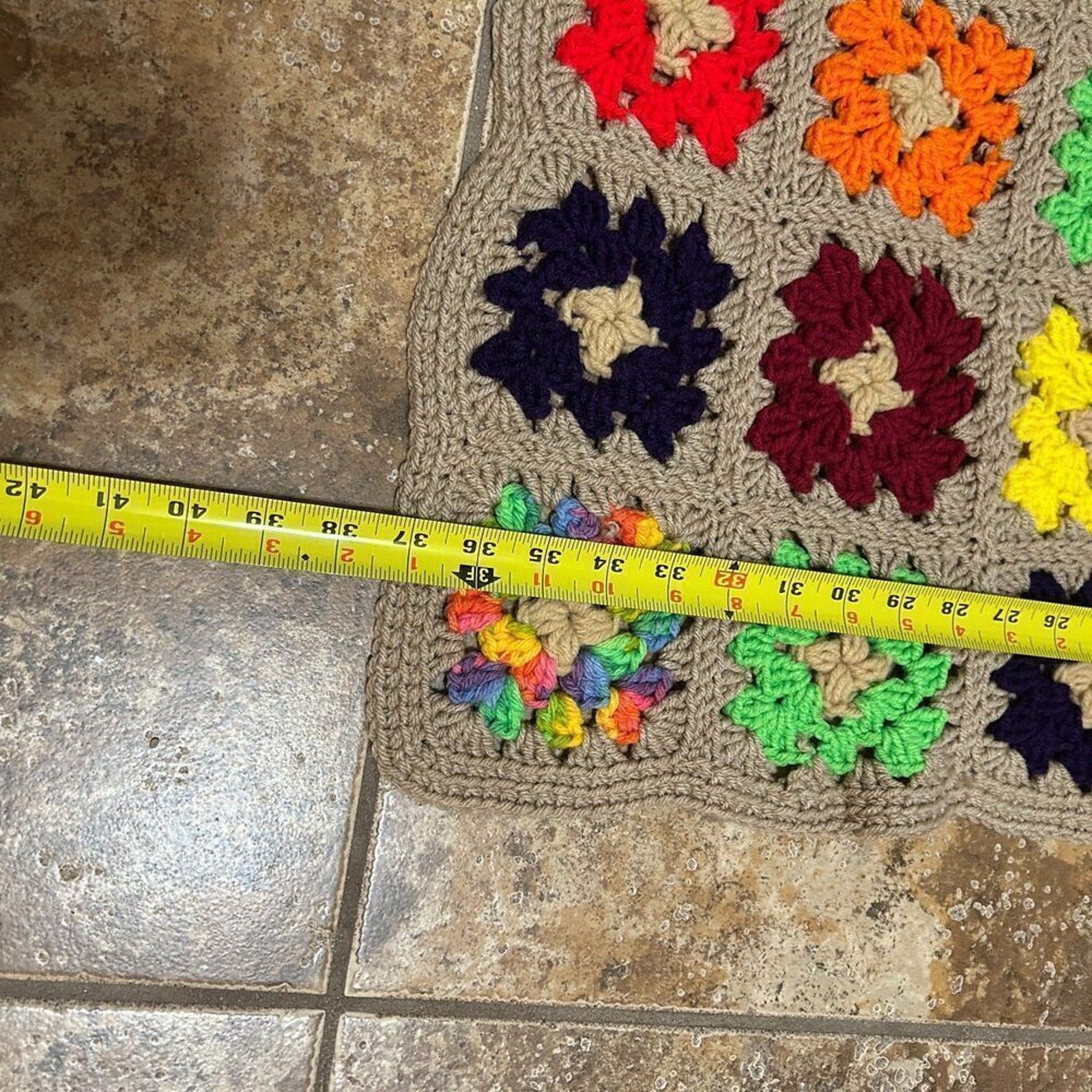 Vintage Handmade Granny Afghan Throw Blanket 48"x 37" Grannycore Tan