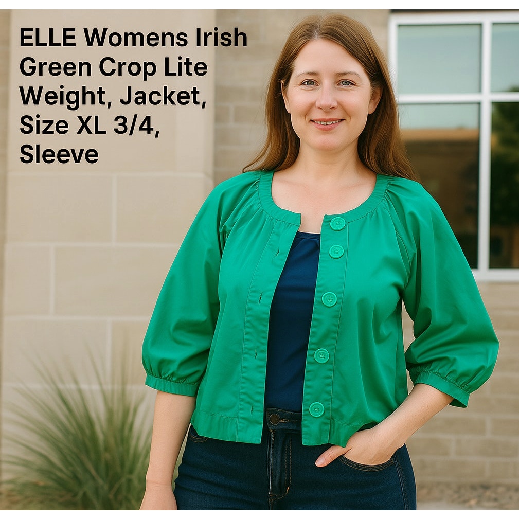 ELLE Womens Irish Green Crop Lite Weight, Jacket, Size XL 3/4, Sleeve