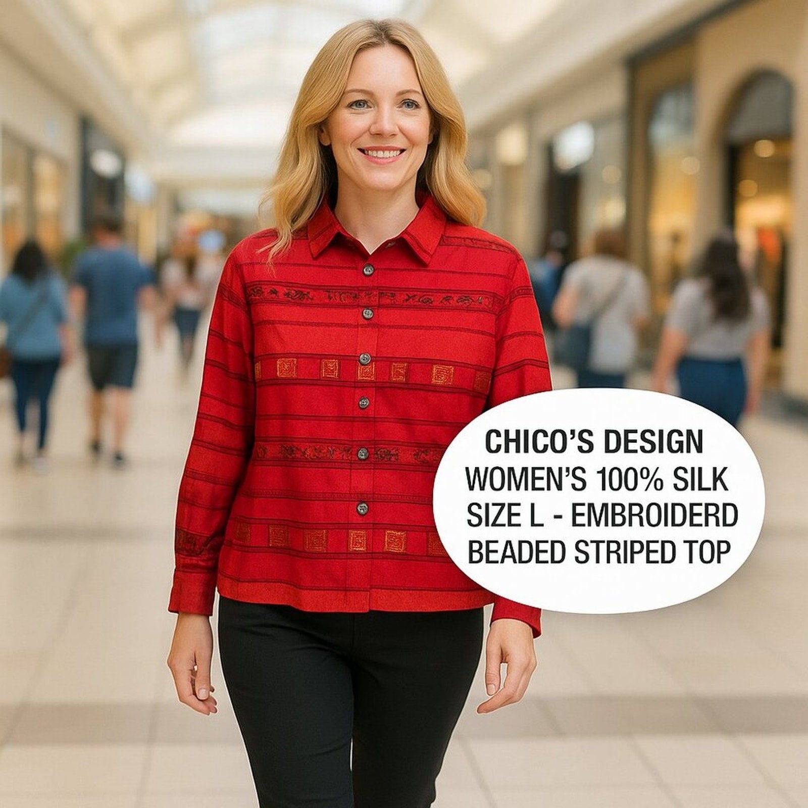 CHICO'S DESIGN Women's 100% SILK Size (L) - EMBROIDERED BEADED STRIPED TOP