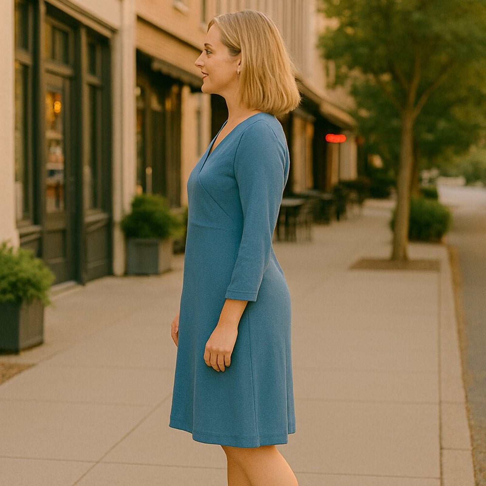 Soft Surroundings Size L Ruched Midi Dress | Teal‑Green‑Blue Cotton Blend