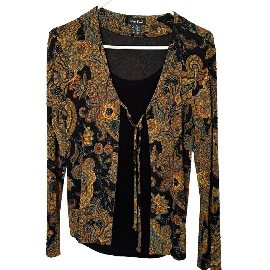 West End Women's Top Size M Floral Mosaic Cardigan With Black Camisole #HC