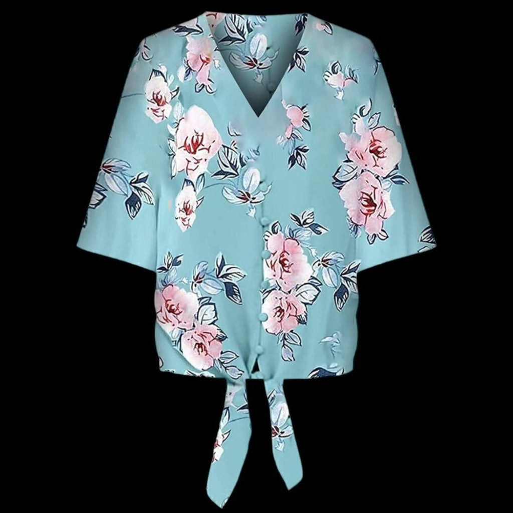 Women's 2XL Aqua Floral Tie Blouse 3/4 Sleeve Casual Boho Style #F1223