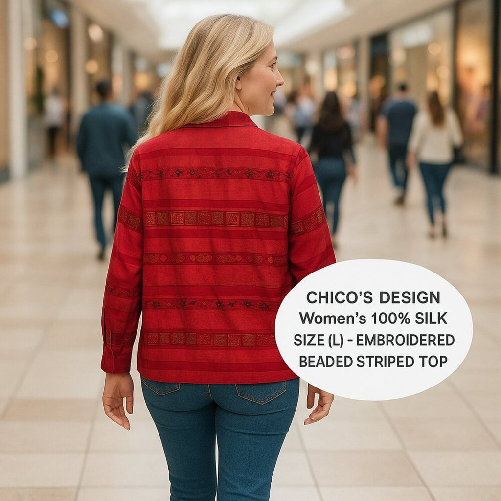 CHICO'S DESIGN Women's 100% SILK Size (L) - EMBROIDERED BEADED STRIPED TOP