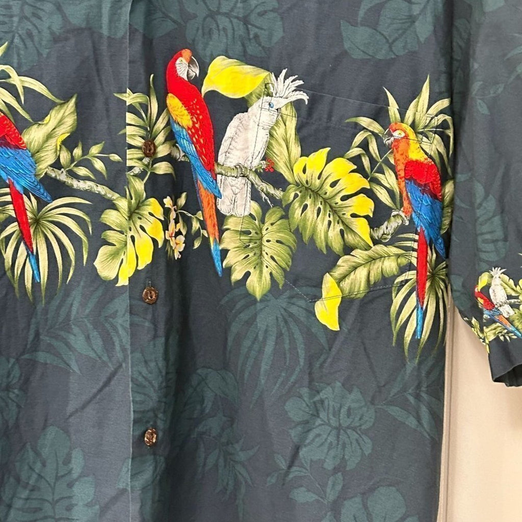 Winnie Fashion Men's Hawaiian Forest Green Luau Parrot Bird Shirt Size 2X #P1454