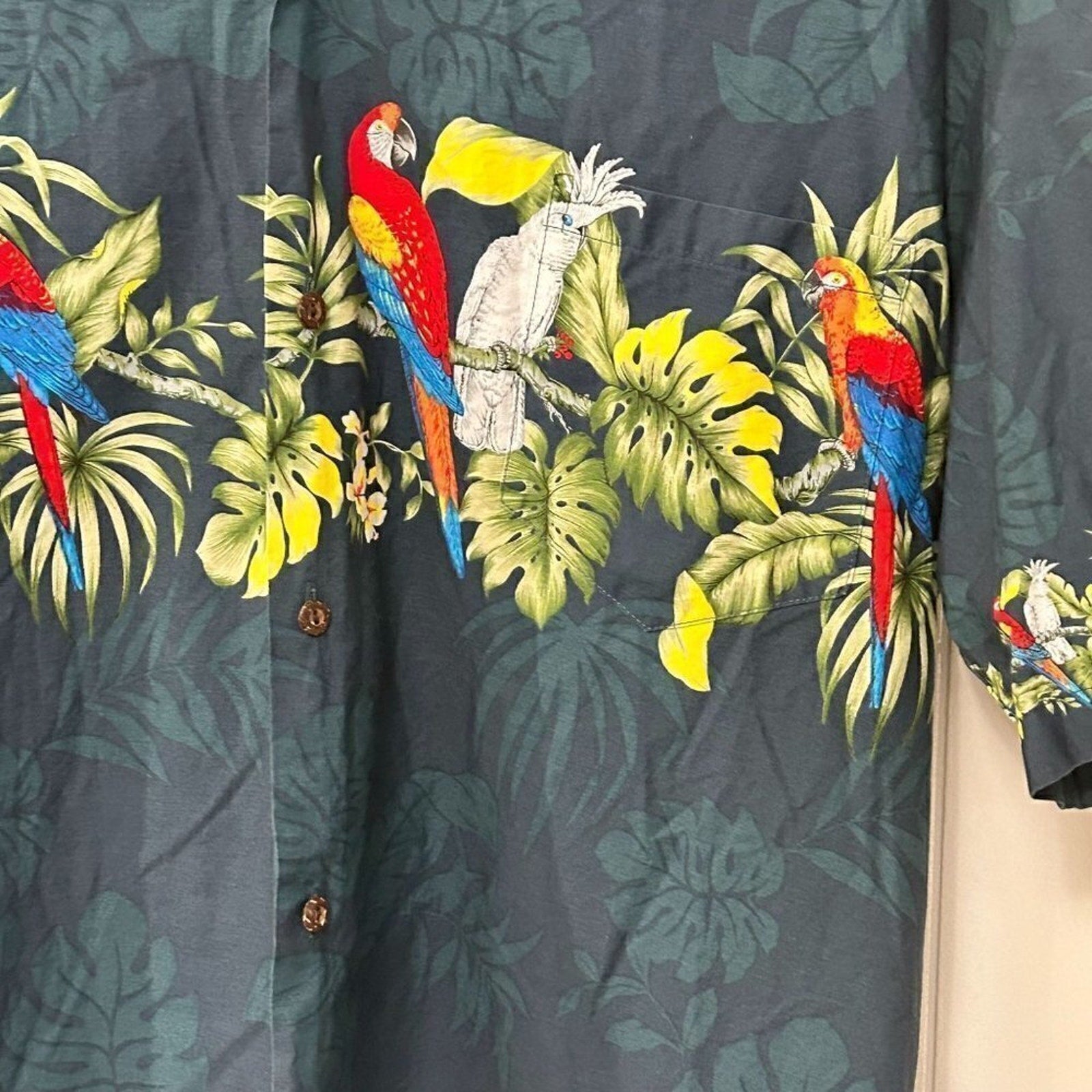 Winnie Fashion Men's Hawaiian Forest Green Luau Parrot Bird Shirt Size 2X #P1454