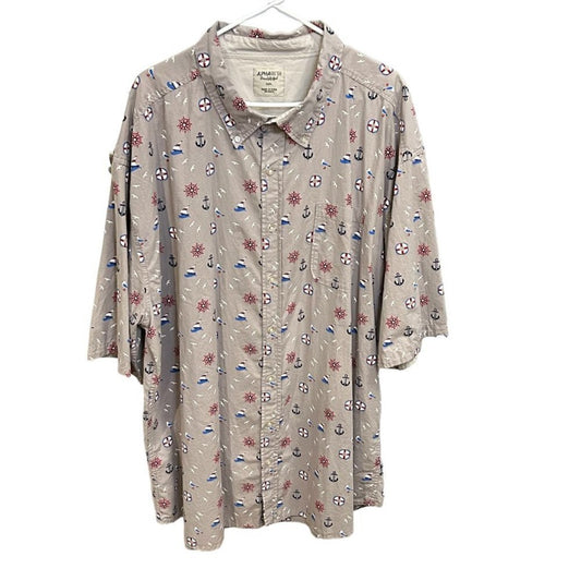 Alpha Beta Men’s Button-Down Shirt – Size 5X, Gray Nautical Boating Print, Short Sleeve #M1388