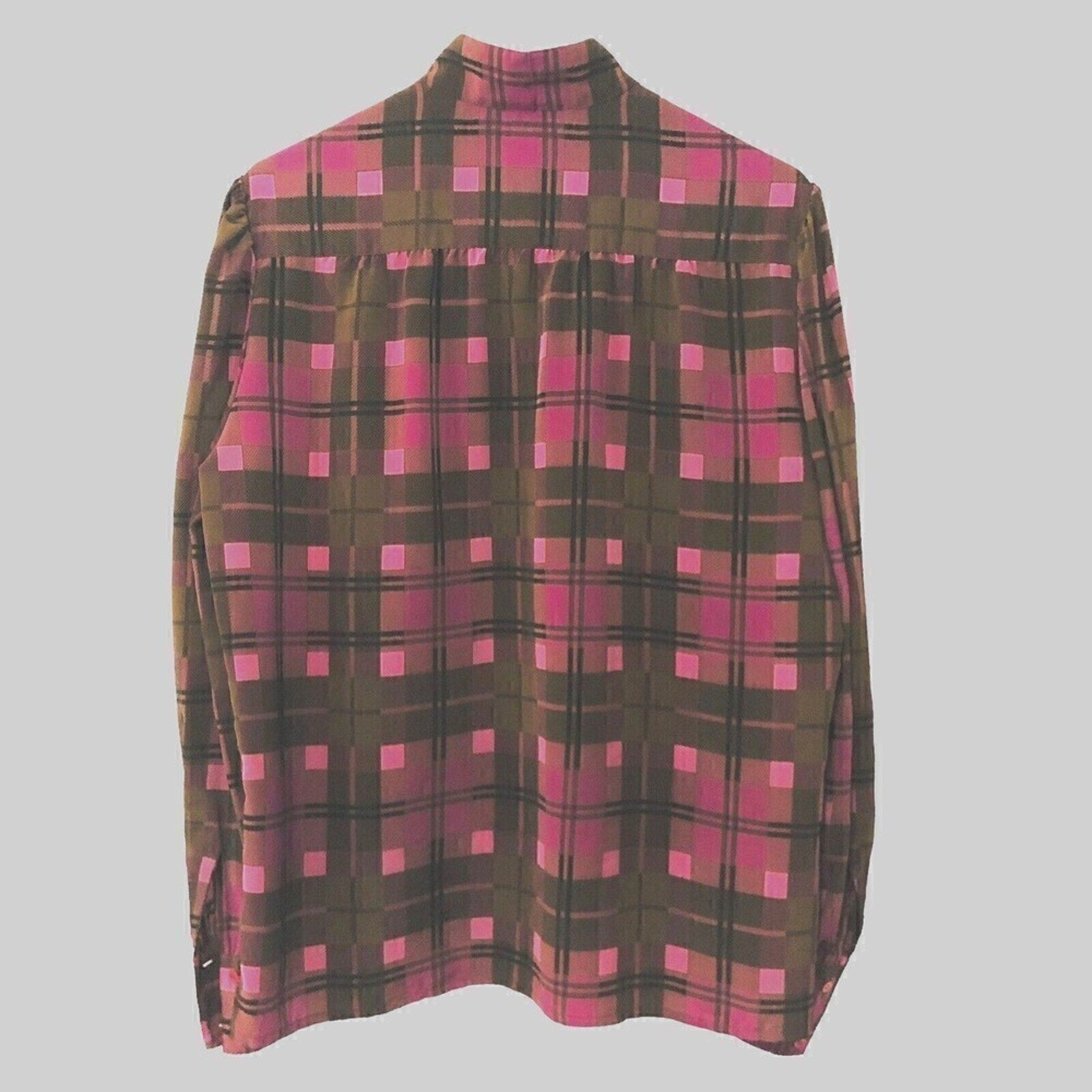 Vintage Lloyd Williams Shirt Women's Blouse Nehru Collar, Plaid Maroon/Pink
