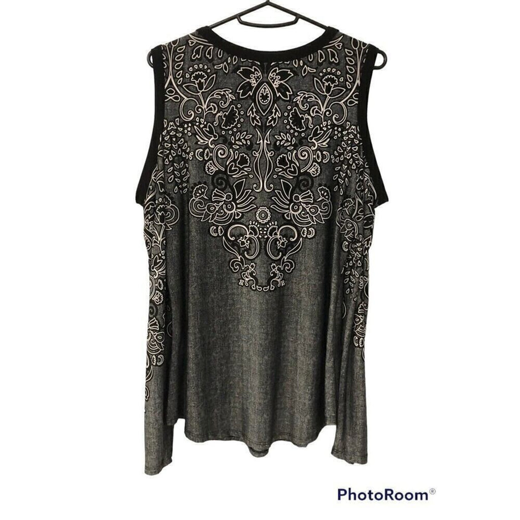 VENUS Gray Long Sleeve Top/Blouse Black Trim Draw String Front Closure Sz.(M)