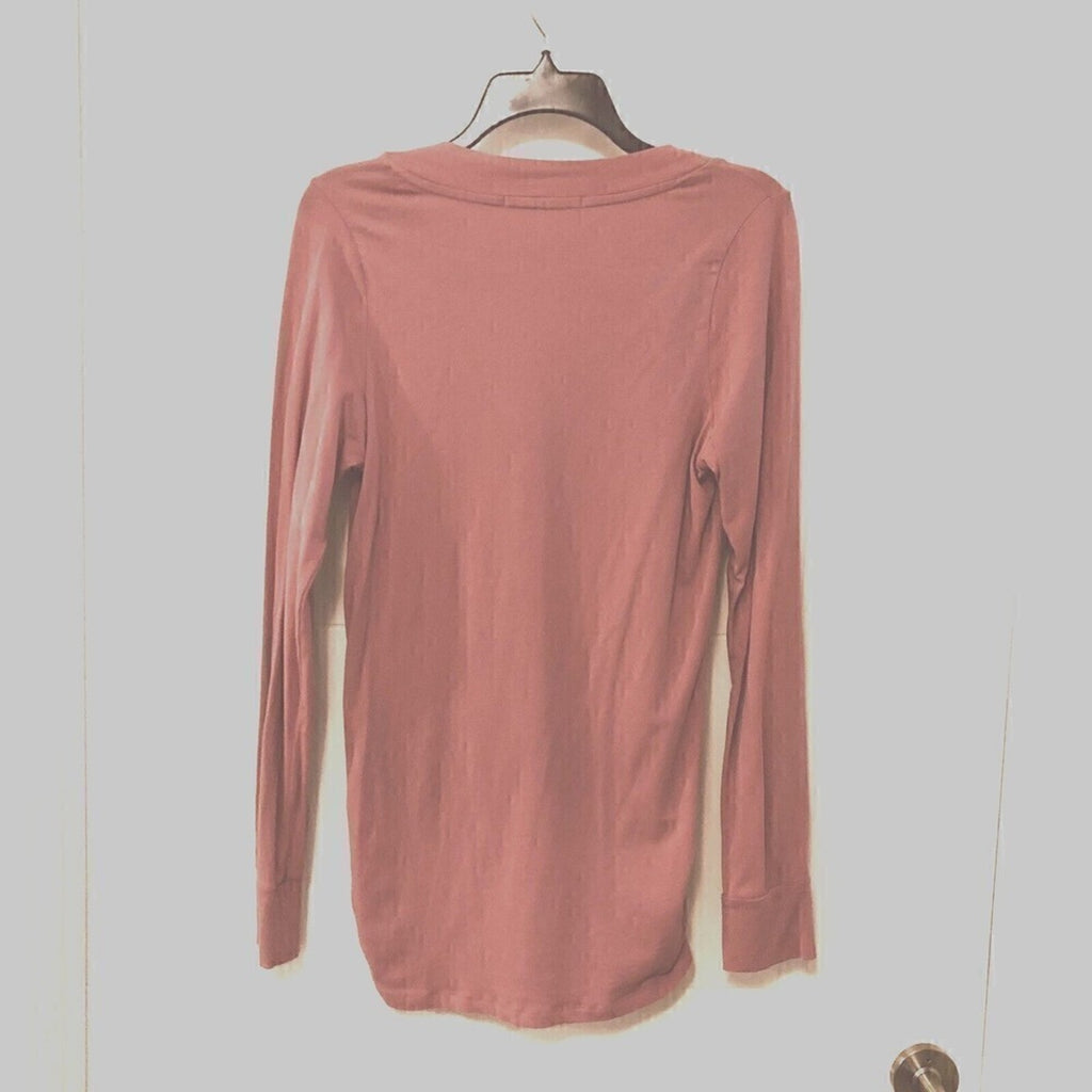 Color Thread Women V-Neck Long Sleeve Top Size L Light Red Brick