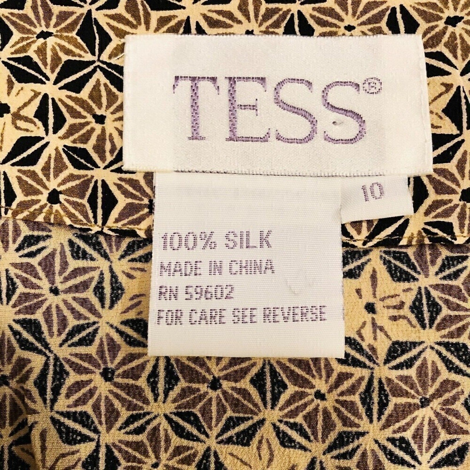 TESS Women's Vtg 100% Silk Black Brown Geo Print Button Blouse Size ( 10 )