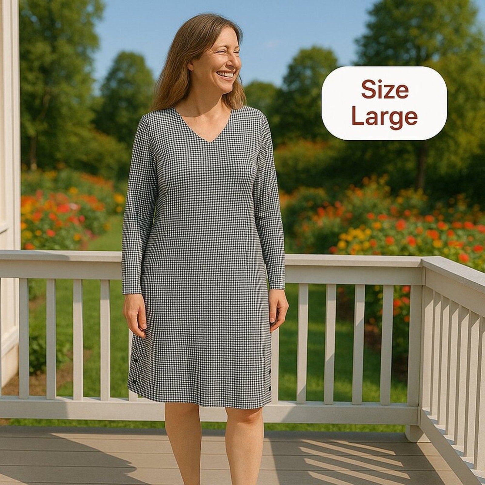 J. Jill Women's Dress Sz. L Black White Houndstooth V-Neck  Lg. Sleeve #BH