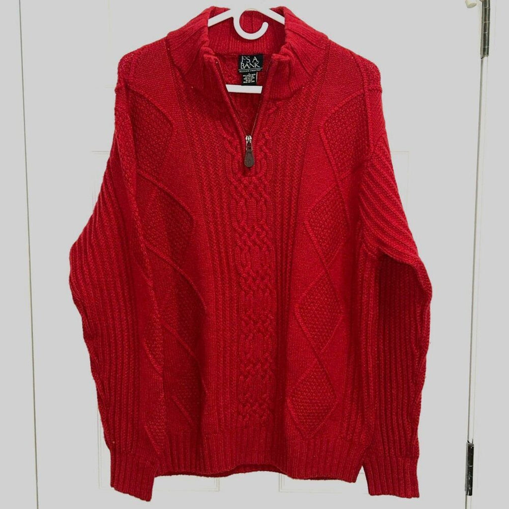 Jos A Bank 1/4 Zip Men's Sweater Sz. L, Red Wool Long Sleeve Pullover, VTG '90's