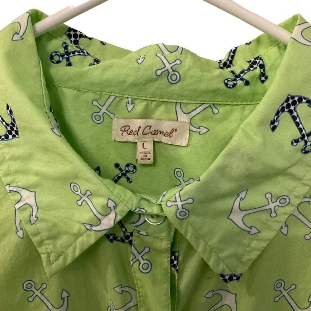 Red Camel Women's Blouse Green Anchor Pocket Collared Long Sleeve Button Up Sz L