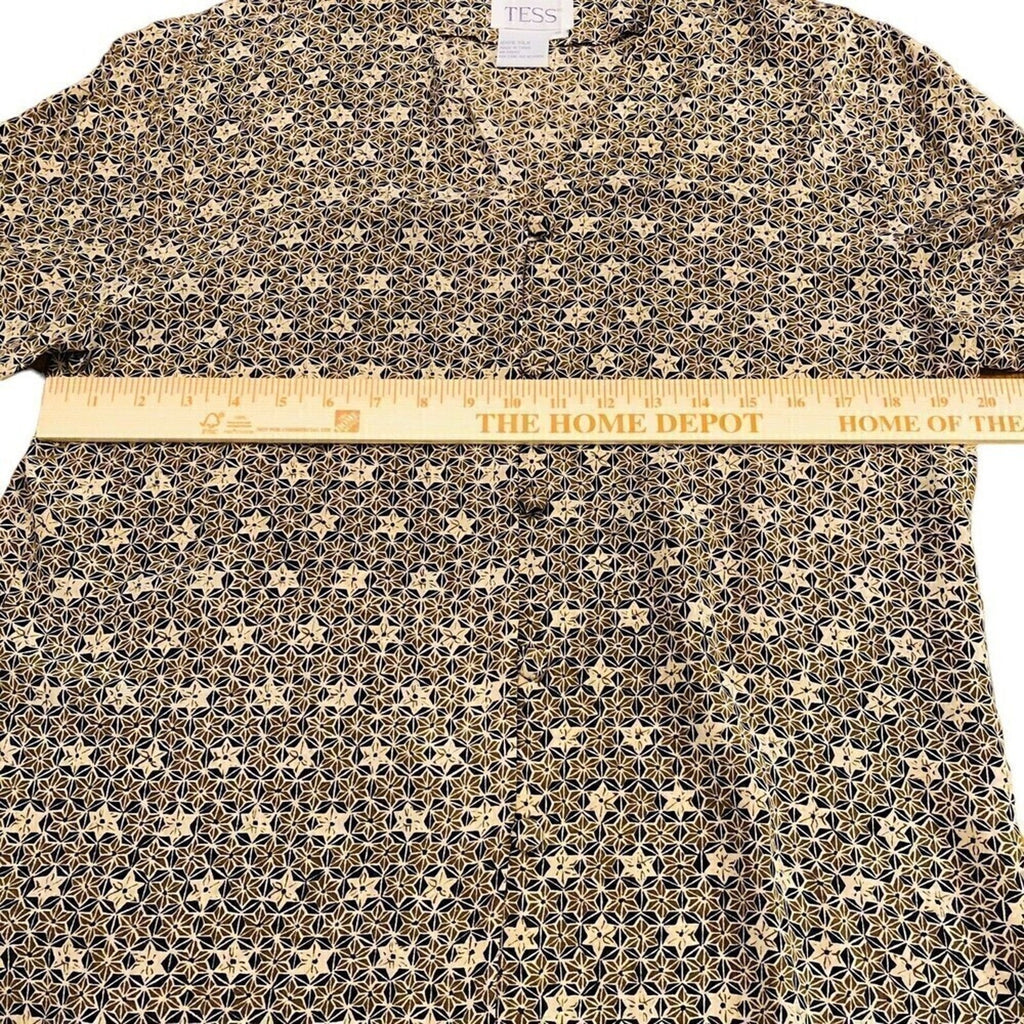 TESS Women's Vtg 100% Silk Black Brown Geo Print Button Blouse Size ( 10 )