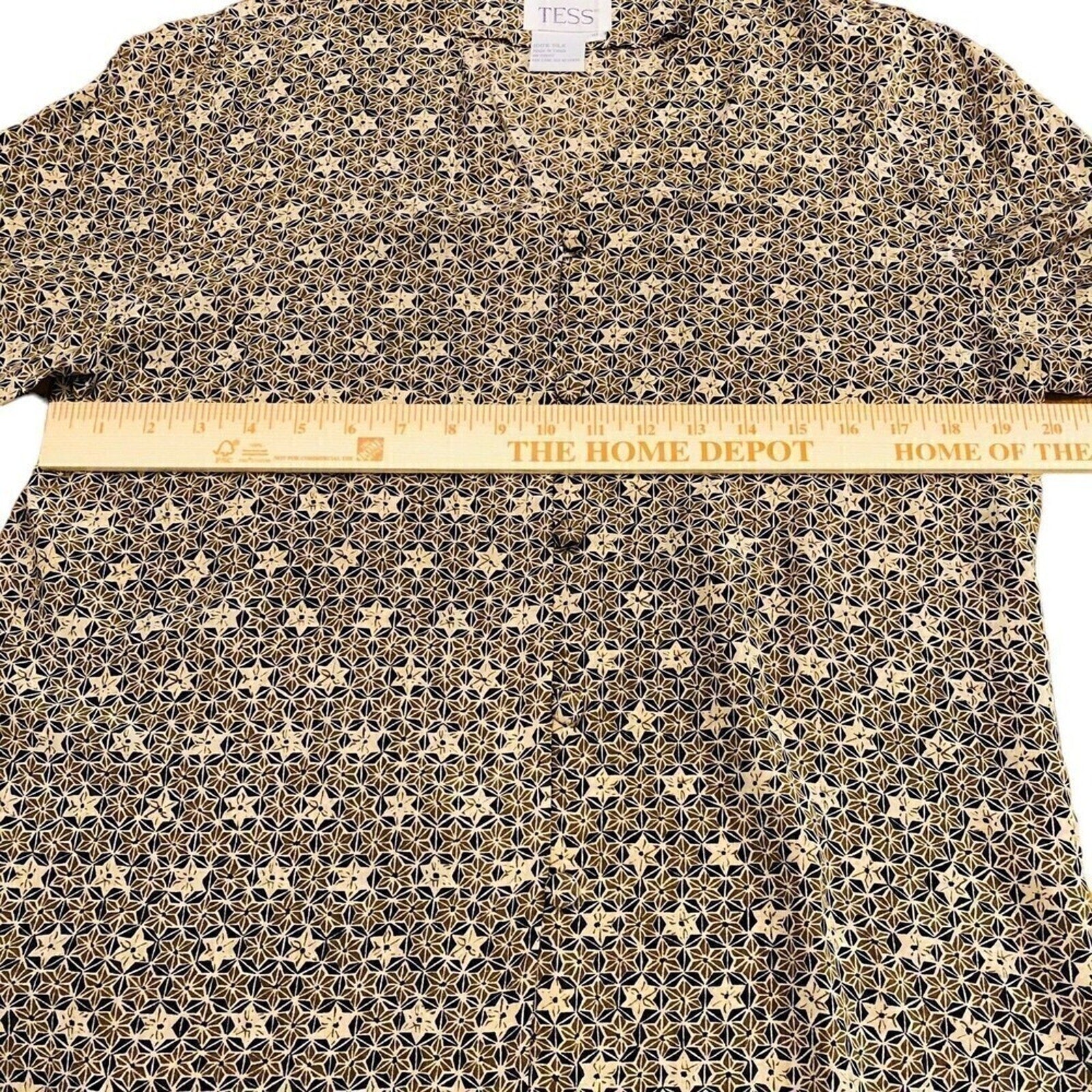 TESS Women's Vtg 100% Silk Black Brown Geo Print Button Blouse Size ( 10 )