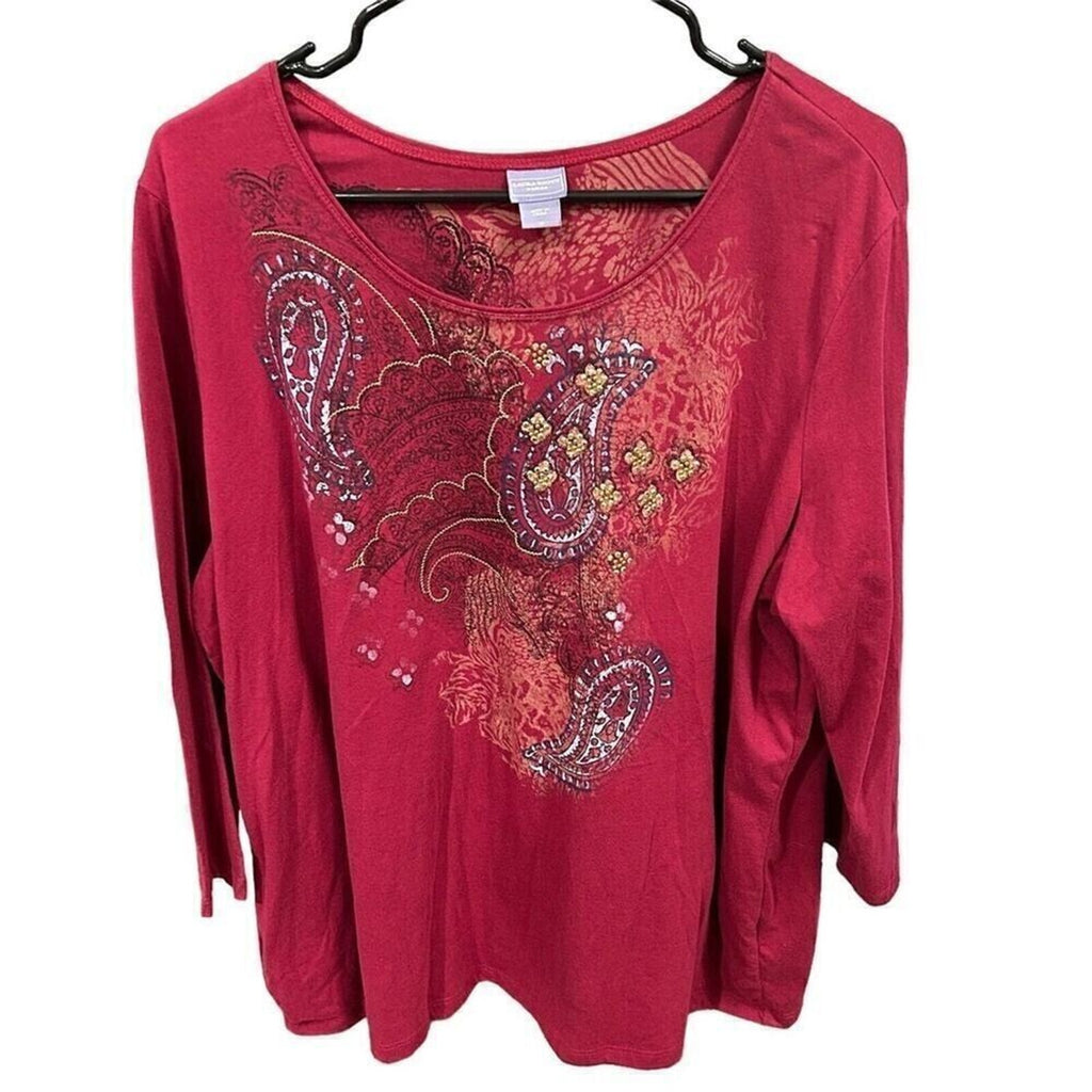 Laura Scott Women Plus Size 1x Dark Burgundy Paisley T-Shirt Top Beads #K1372