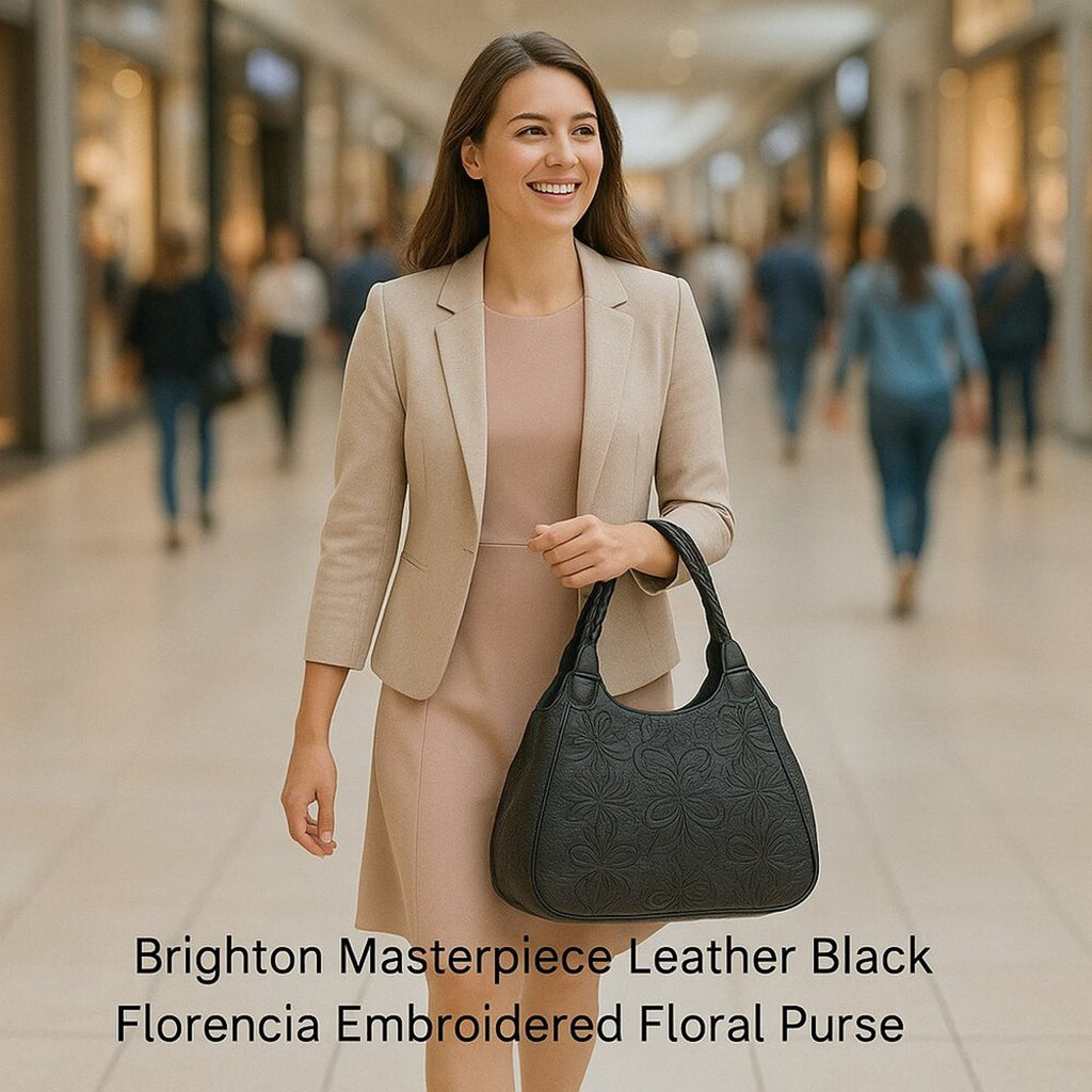 Brighton Masterpiece Leather Black Florencia Embroidered Floral Purse Bag
