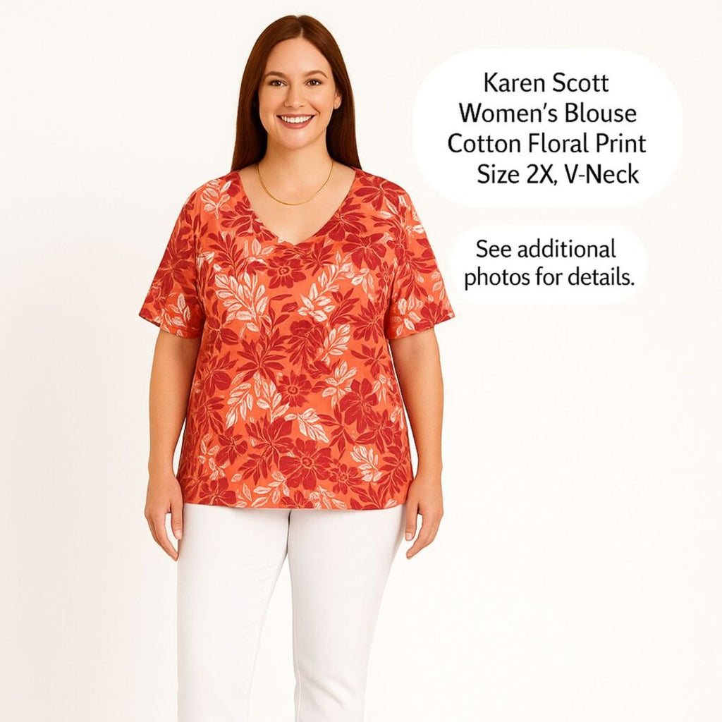Karen Scott Women's Blouse Cotton Floral Print Size 2X, V Neck