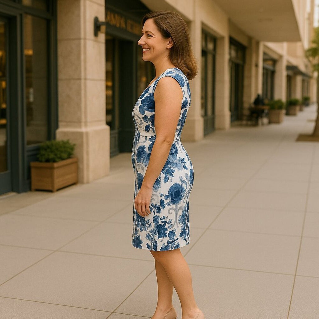 Connected Apparel dress size 10 lined white and blue floral print