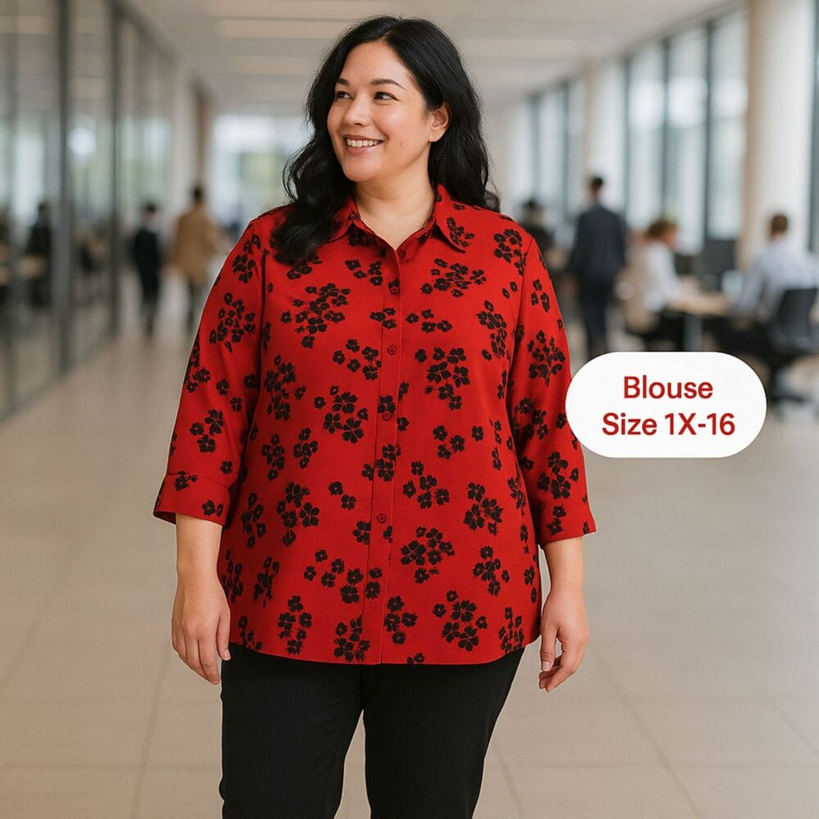 George - Women's Blouse Size 1X (16) Red / Black Floral Print
