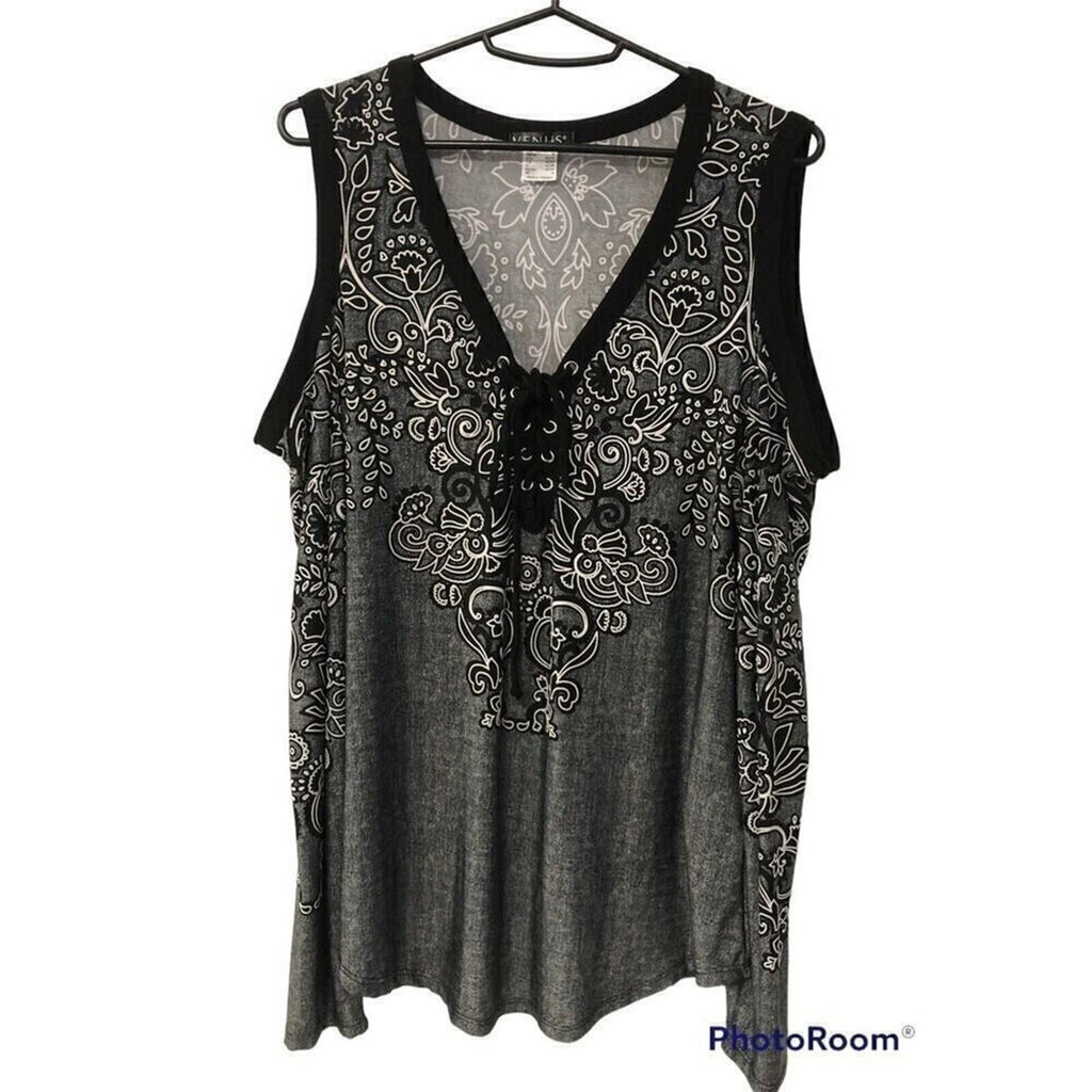 VENUS Gray Long Sleeve Top/Blouse Black Trim Draw String Front Closure Sz.(M)