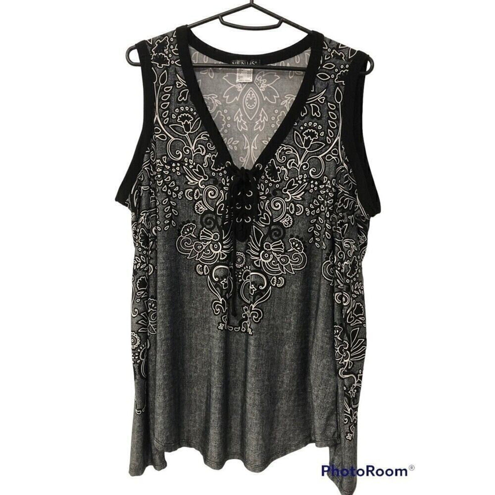 VENUS Gray Long Sleeve Top/Blouse Black Trim Draw String Front Closure Sz.(M)