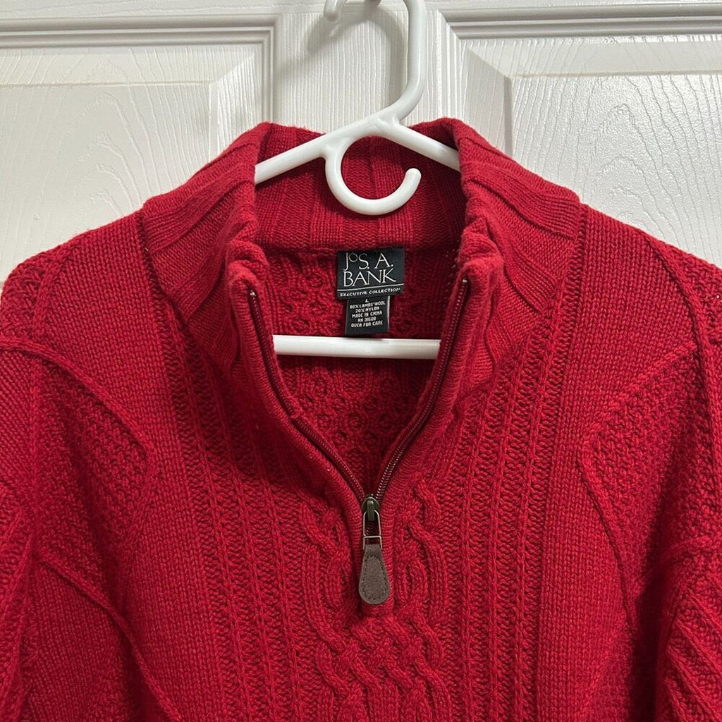 Jos A Bank 1/4 Zip Men's Sweater Sz. L, Red Wool Long Sleeve Pullover, VTG '90's
