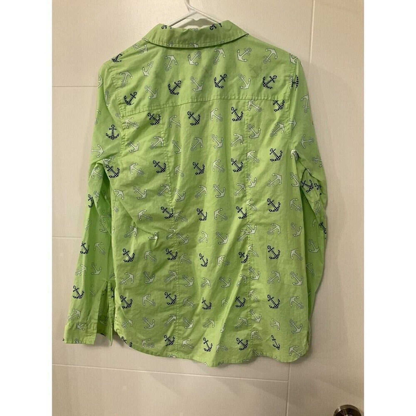 Red Camel Women's Blouse Green Anchor Pocket Collared Long Sleeve Button Up Sz L