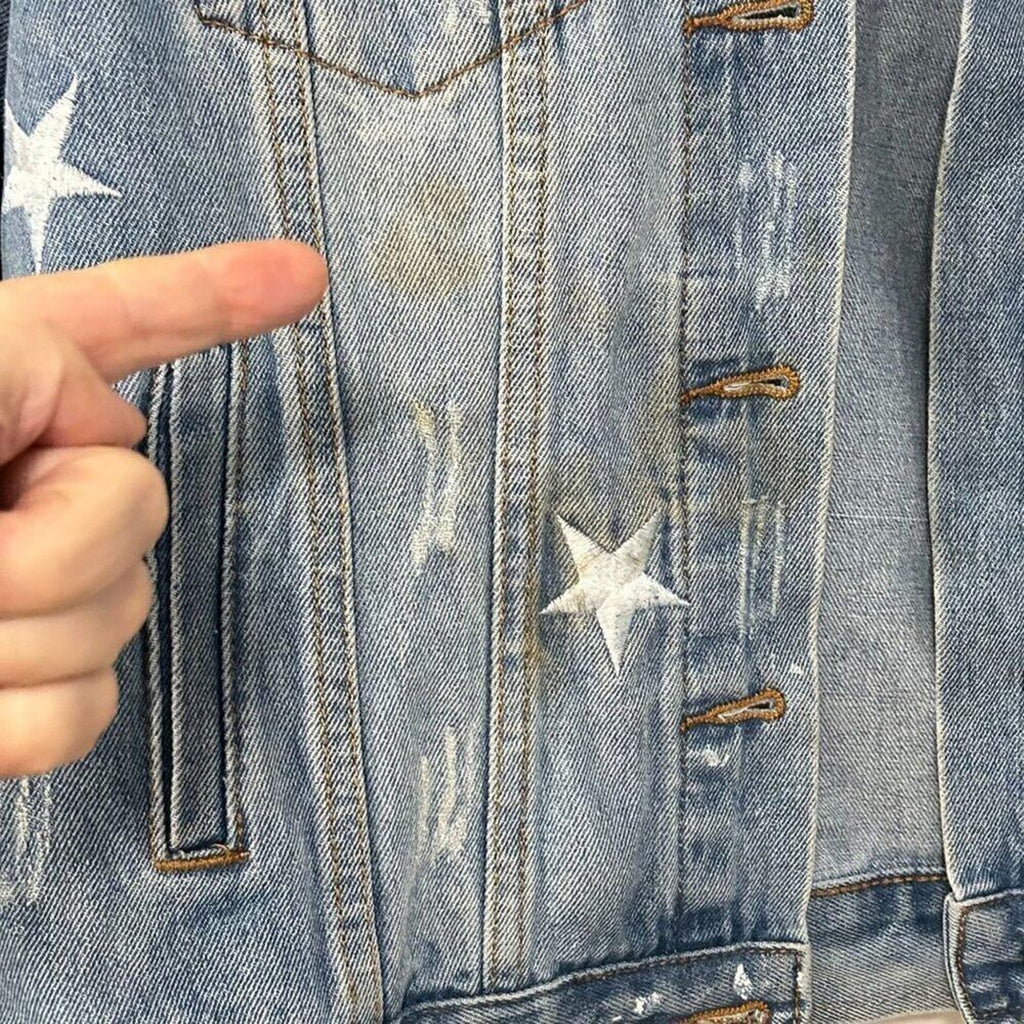 Style Me Distressed Denim Jacket Women's Size ( S ), Embroidered Stars #BH