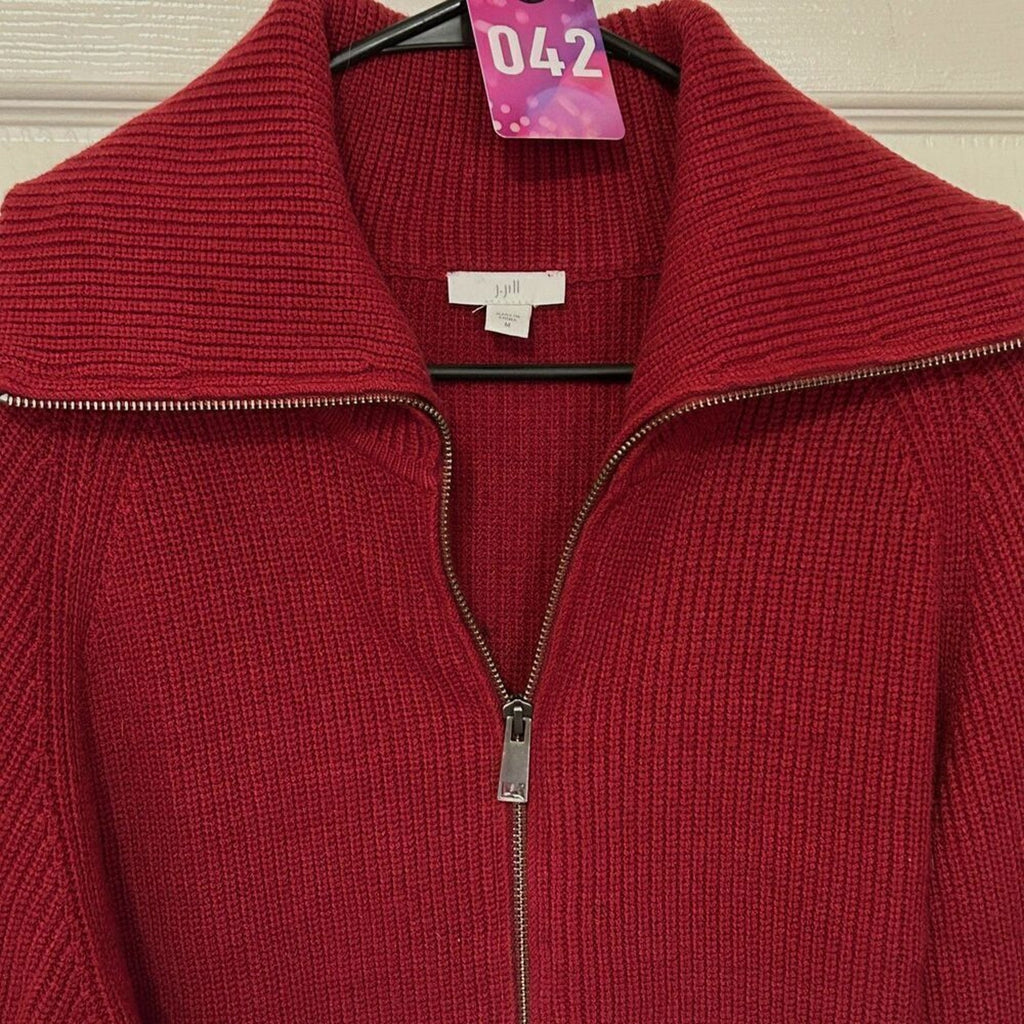 J.Jill Garnet Red Ribbed Knit Stretch Full Zip Sweater Jacket Sz. M,
